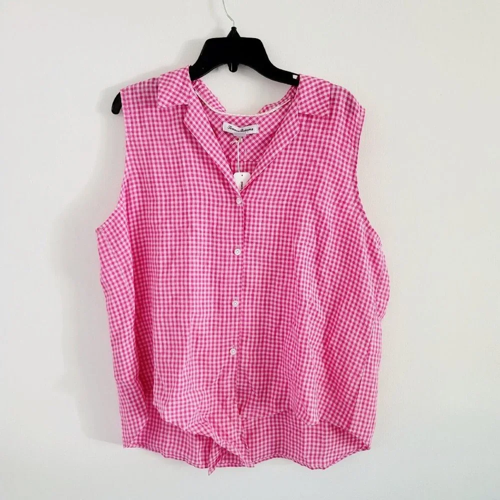 Tommy Bahama Red Gingham Camp Linen Sleeveless Top Blouse Front Tie Shirt XL